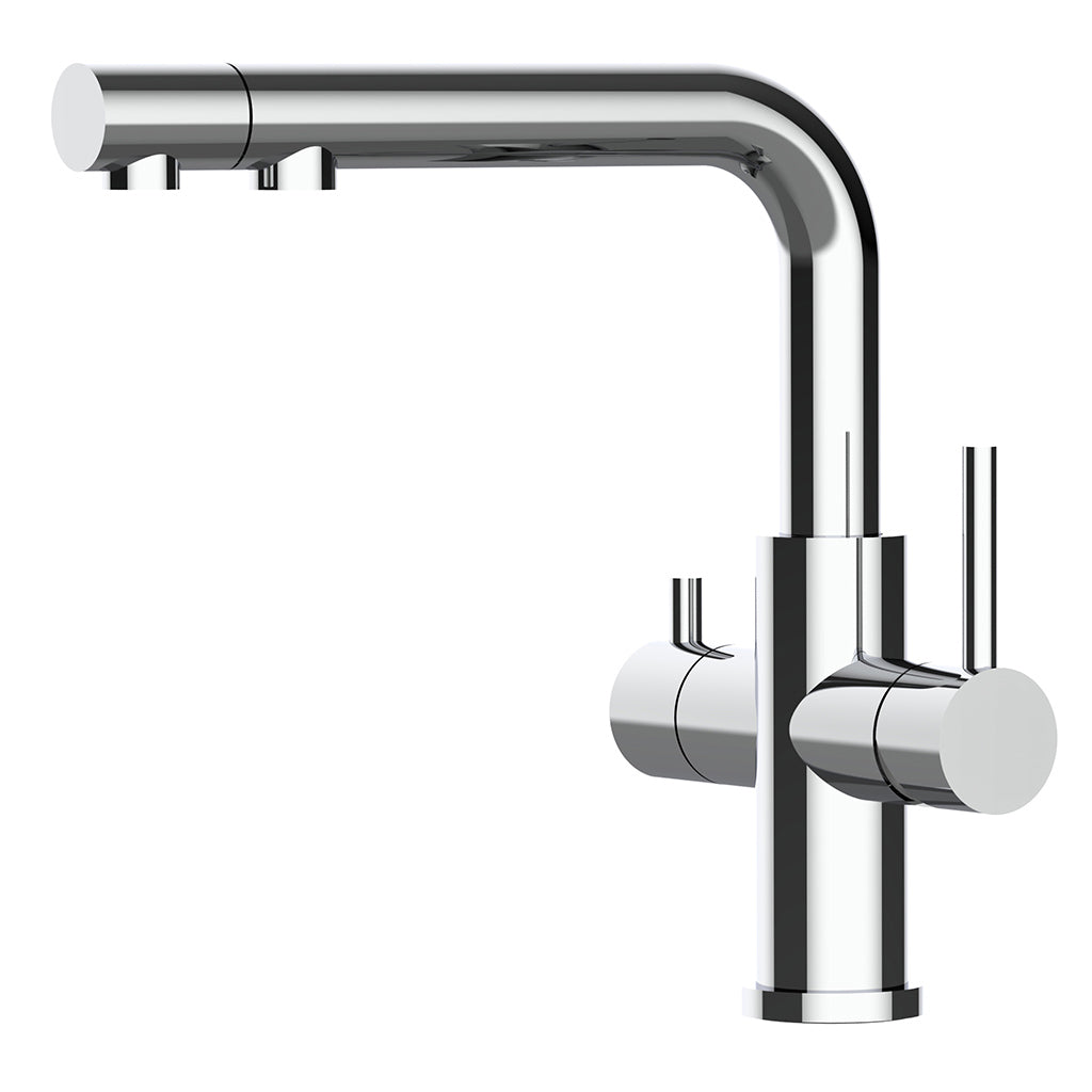 Der 3/4-Wege-Wasserhahn Edelstahl mit Ausziehbrause von Calabro zeichnet sich durch einen hochgewölbten Auslauf, zwei zylindrische Griffe und ein schlichtes, minimalistisches Design aus, das sich vor einem weißen Hintergrund präsentiert.