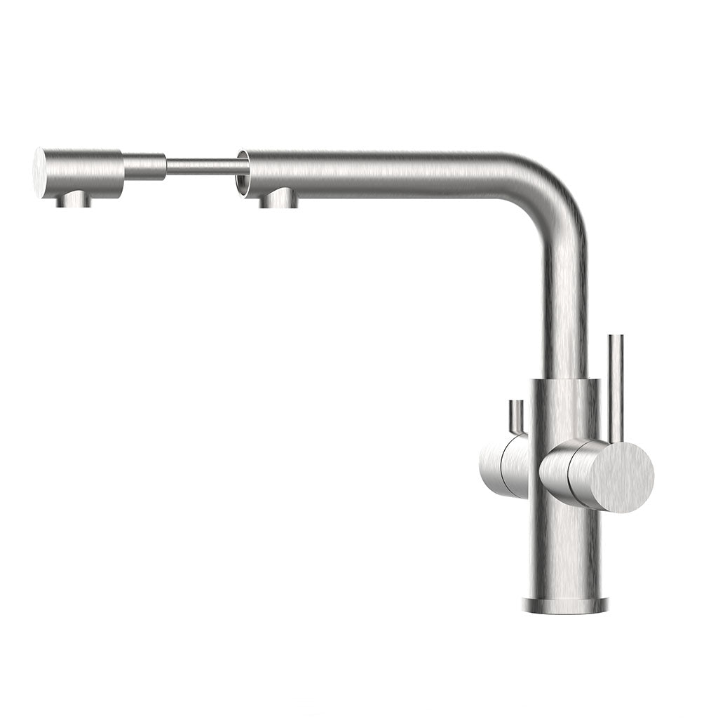 Der Calabro 3/4-Wege-Wasserhahn Edelstahl mit Ausziehbrause verfügt über einen modernen zylindrischen Sockel, zwei seitliche Griffe und einen L-förmigen Auslauf mit ausziehbarer Brause, abgebildet vor einem weißen Hintergrund.