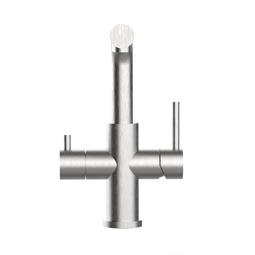 Der Calabro 3/4-Wege-Wasserhahn Edelstahl mit Ausziehbrause verfügt über ein modernes Finish aus gebürstetem Metall, zwei seitliche Griffe und einen zylindrischen Hauptauslauf - ideal für eine Edelstahl-Küchenarmatur. Abgebildet auf weißem Hintergrund.