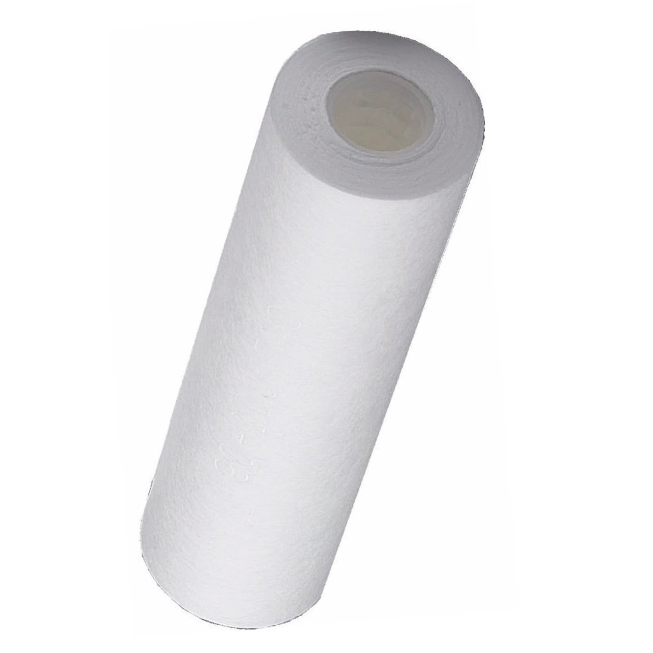 Ein einzelner Carbonit Textilvorfilter 20 Zoll / 1 µm Filterfeinheit, weiß und zylindrisch mit einem hohlen Kern, ist schräg auf einem einfarbig weißen Hintergrund abgebildet.