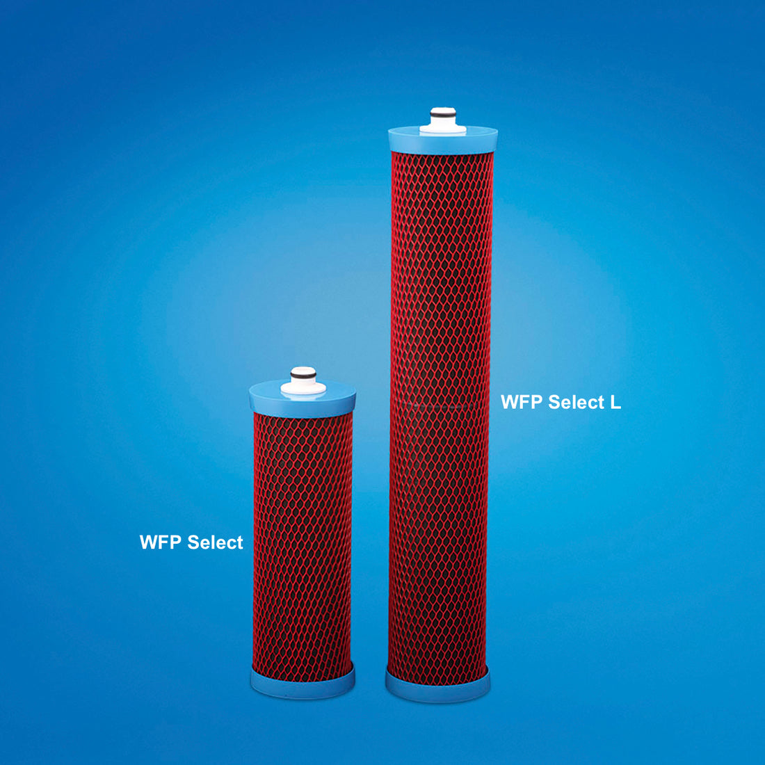 Zwei aufrechte Carbonit WFP Select Filter, beide zylindrisch mit rotem Netz und blauen Endkappen, stehen auf blauem Hintergrund. Der kürzere ist mit WFP Select beschriftet, der höhere, ein Aktivkohle-Blockfilter, trägt die Bezeichnung WFP Select L.
