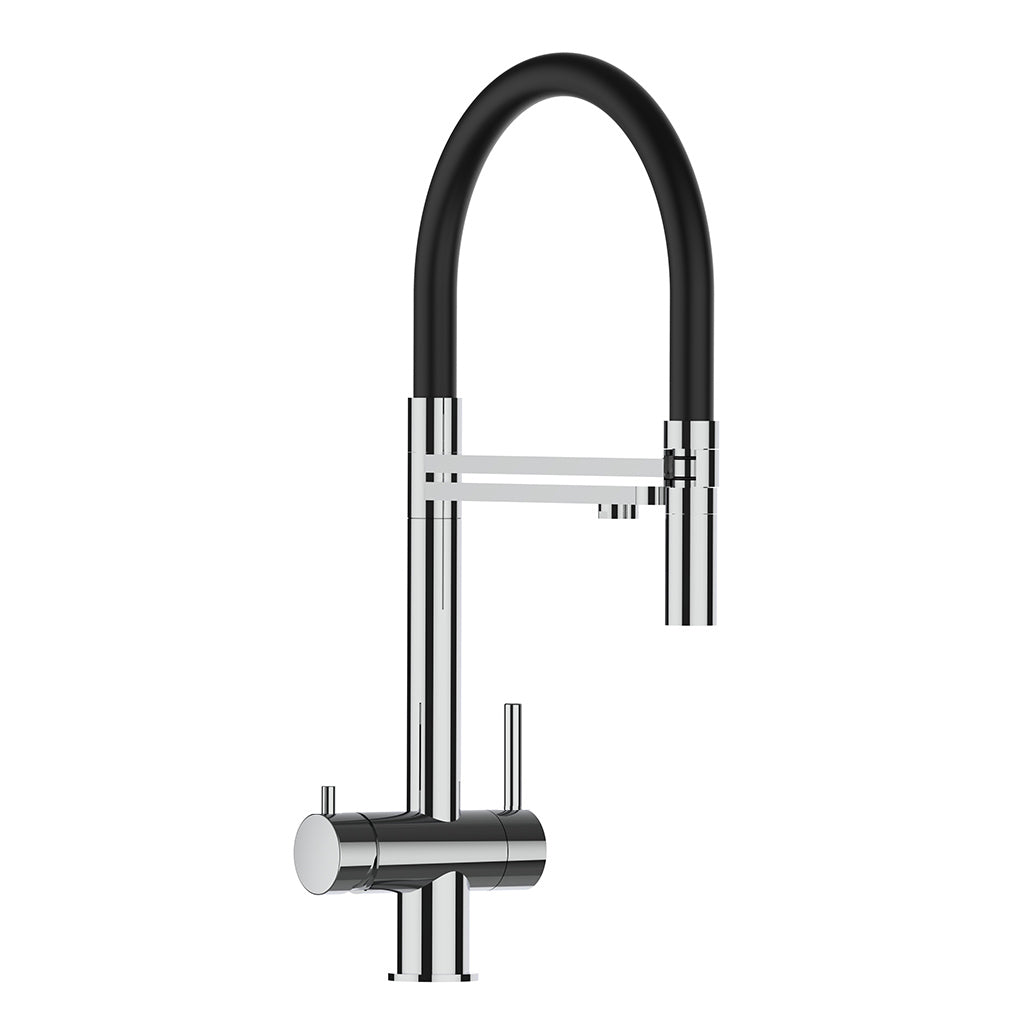 Der Levanto 3-Wege-Wasserhahn Edelstahl besticht durch sein schlankes, minimalistisches Design mit einem hohen, geschwungenen schwarz-verchromten Auslauf und einem Einhebelgriff auf der rechten Seite.