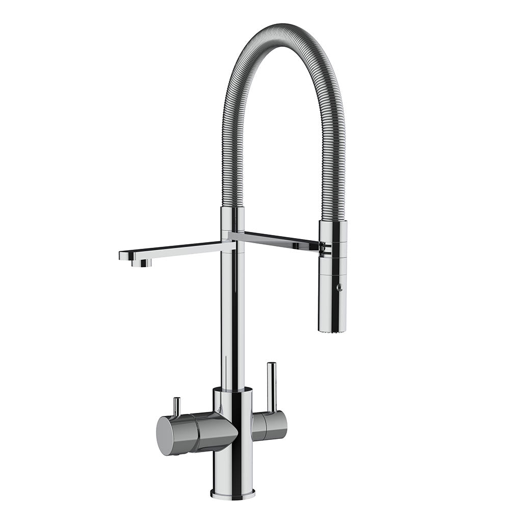 Die Levanto 3-Wege-Wasserhahn Chrom ist eine moderne Küchenarmatur mit einem hohen, gebogenen Auslauf, einem flexiblen Schlauch, zwei Hebelgriffen und einem herunterziehbaren Brausekopf in elegantem Chromdesign.