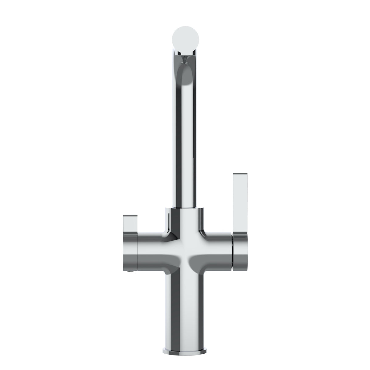 Die Paola NEO 3-Wege-Wasserhahn Chrom zeichnet sich durch einen modernen, verchromten, zylindrischen Körper mit drei horizontalen Armen aus, der von vorne auf weißem Hintergrund zu sehen ist.