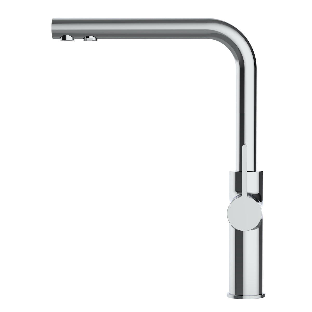 Paola NEO 3-Wege-Wasserhahn Chrom: Schlichte, moderne Küchenarmatur mit hohem, rechteckigem Auslauf und einem runden, seitlichen Griff, dargestellt auf weißem Hintergrund.