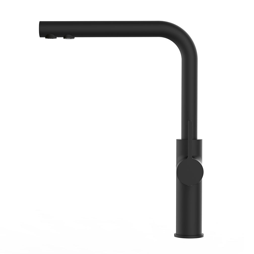 Die Paola NEO Niederdruck schwarz ist eine moderne, mattschwarze 3-Wege-Wasserhahn-Küchenarmatur mit hohem, rechtwinkligem Auslauf und minimalistischem Design, dargestellt auf weißem Grund.