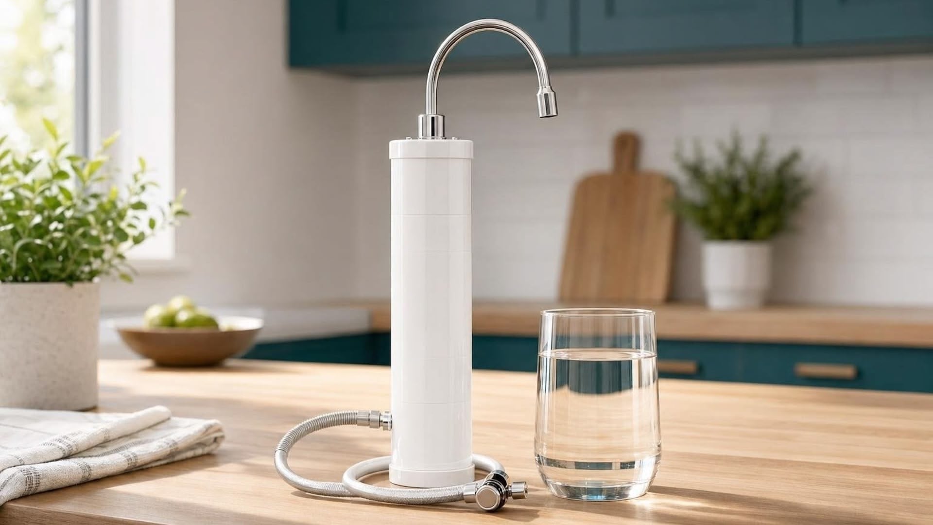 Wasserfilter Kaufratgeber, Auftischfilter mit Wasserglas in Skandinavischer Küche
