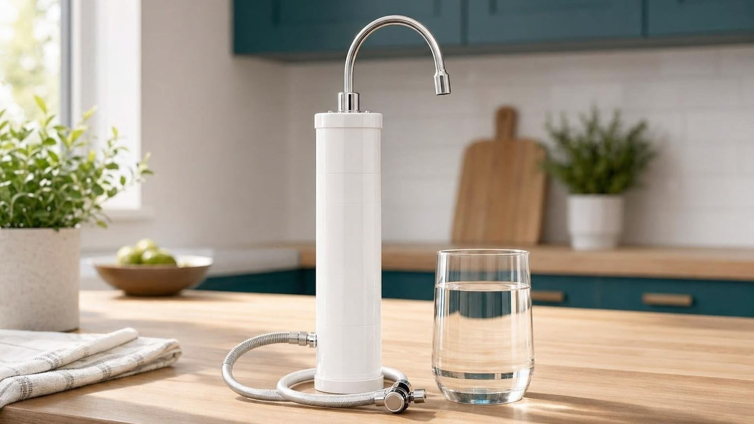 Wasserfilter Kaufratgeber, Auftischfilter mit Wasserglas in Skandinavischer Küche