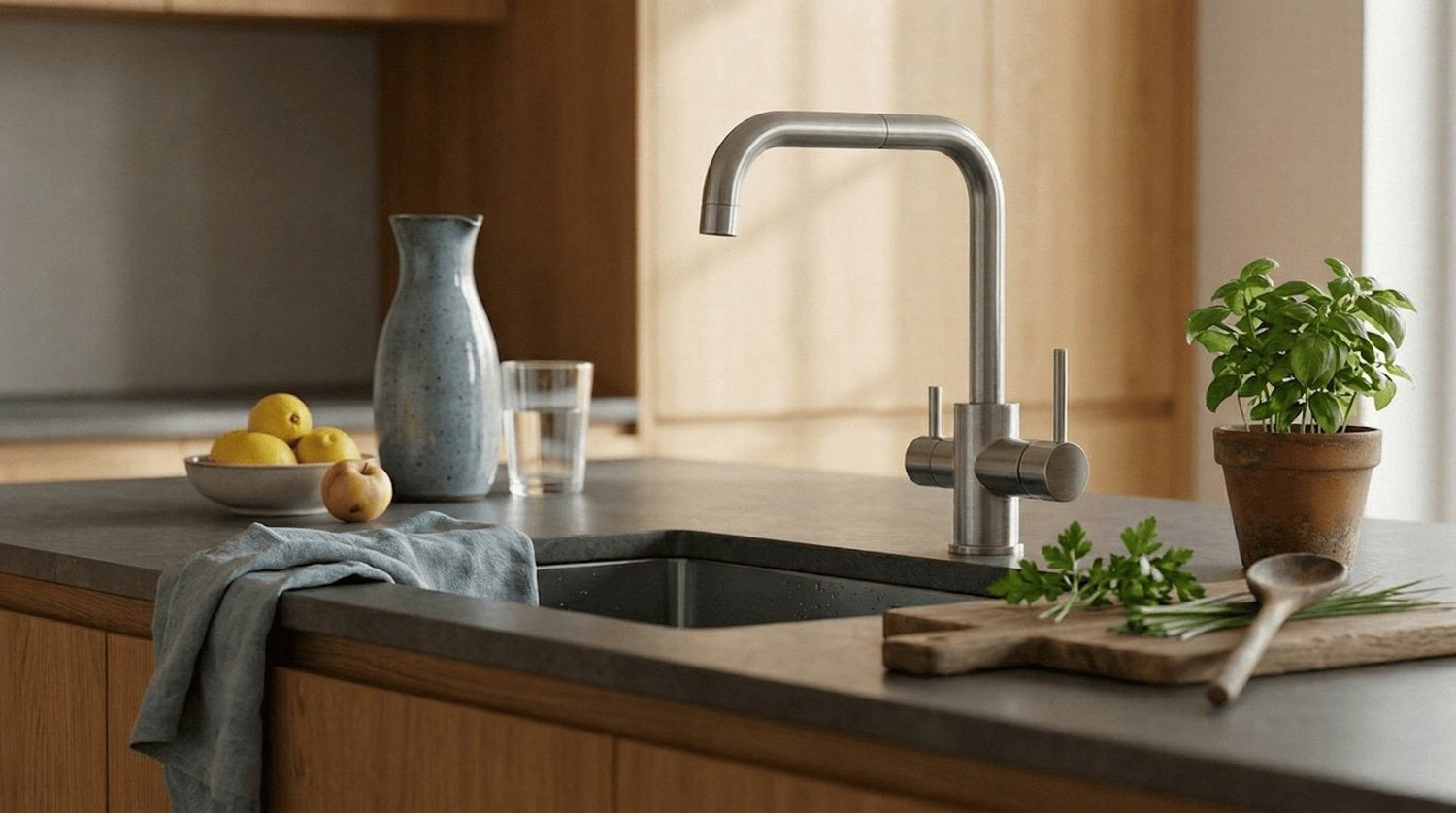 Moderne Wohnküche mit 3-Wege-Wasserhahn aus Edelstahl auf Stein-Arbeitsplatte (