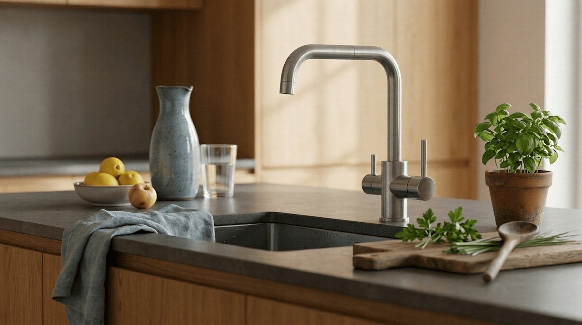 Moderne Wohnküche mit 3-Wege-Wasserhahn aus Edelstahl auf Stein-Arbeitsplatte (