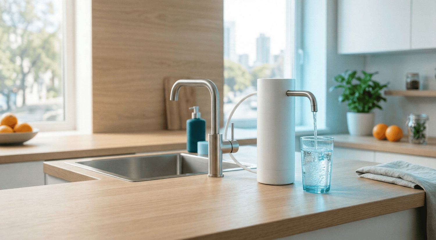 Wasserfilter auf Küchenzeile in einer modernen Mietwohnung mit hellem Tageslicht