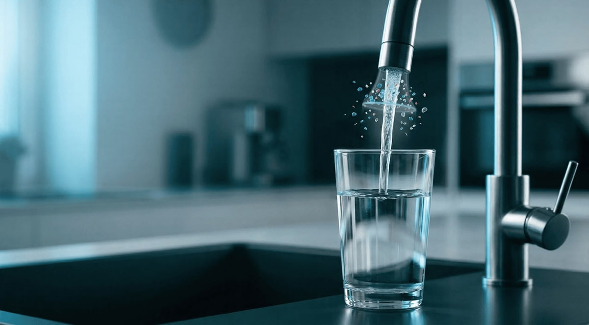 Wasserfilter gegen Mikroplastik: sauberes Wasser fließt durch Aktivkohle-Blockfilter in ein Glas