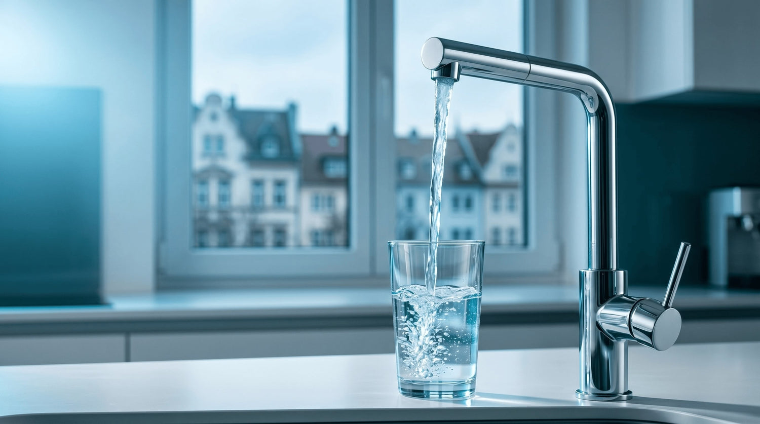 Glas mit klarem Wasser unter laufendem Wasserhahn in moderner deutscher Küche