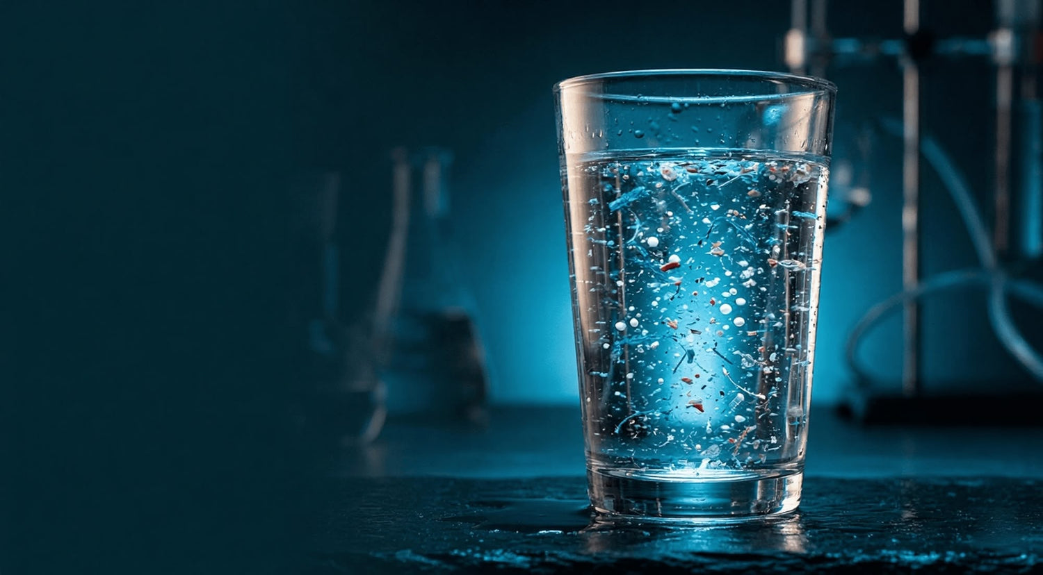Mikroplastik-Partikel schweben sichtbar in einem Glas Trinkwasser vor dunklem Hintergrund