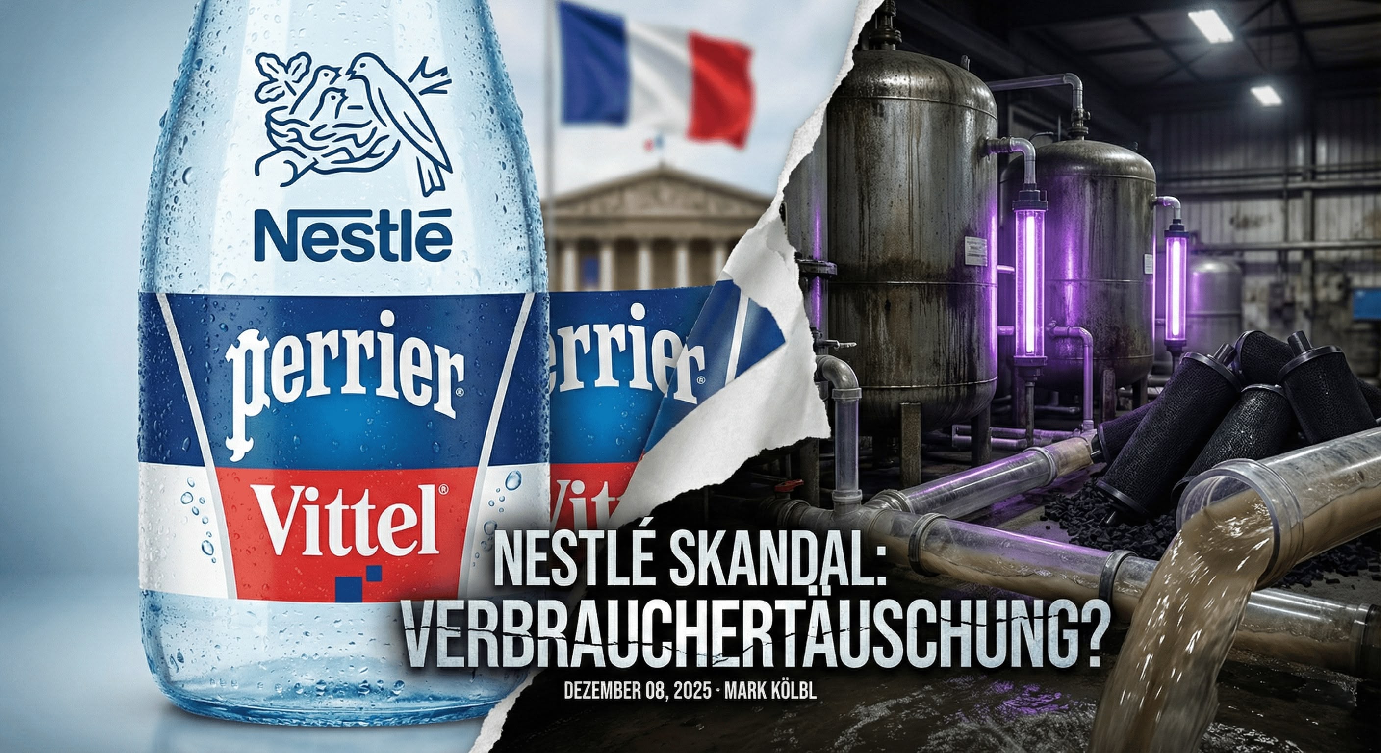 Collage zum Nestlé Mineralwasser-Skandal in Frankreich: Ein zerrissenes Etikett von Perrier und Vittel enthüllt illegale industrielle Filteranlagen für verschmutztes Wasser, mit der Schlagzeile "Nestlé Skandal: Verbrauchertäuschung?"