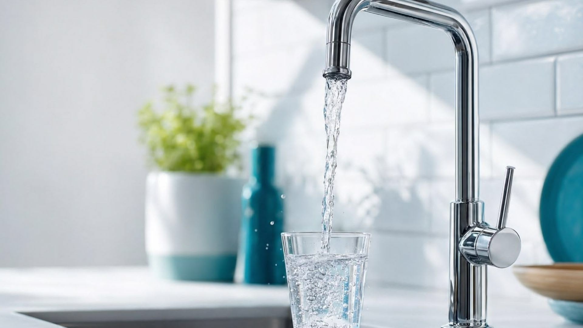 Wasserfilter für zuhause: Klares Wasser fließt aus moderner Küchenarmatur in ein Glas