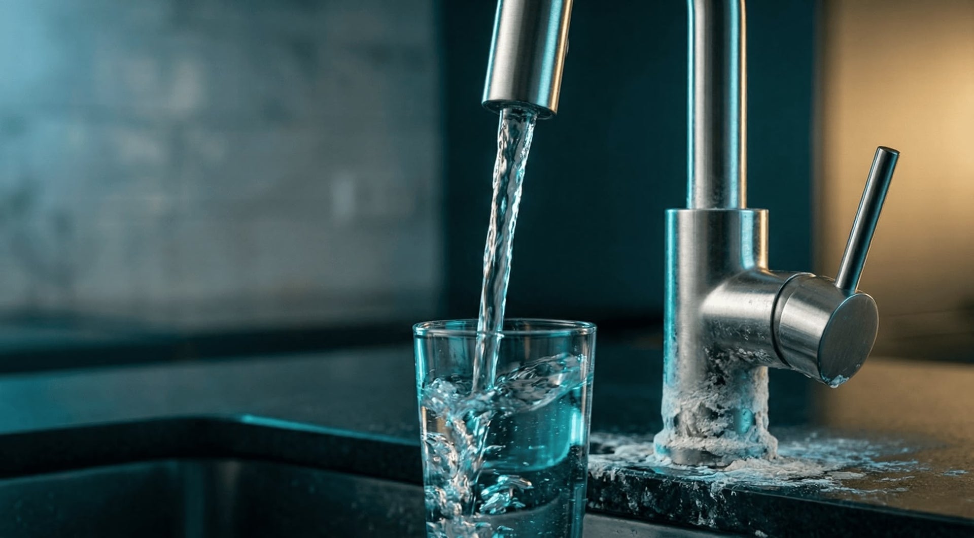 Wasserhärte und Kalk: Abbildung einer verkalkten Armatur, die ein Wasserglas füllt