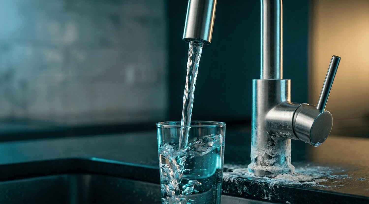 Wasserhärte und Kalk: Abbildung einer verkalkten Armatur, die ein Wasserglas füllt