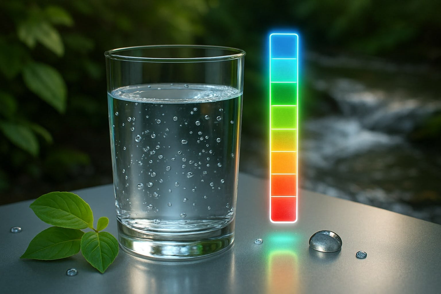ph-Wert von Leitungswasser: Glas Wasser mit pH-Wert Skala daneben