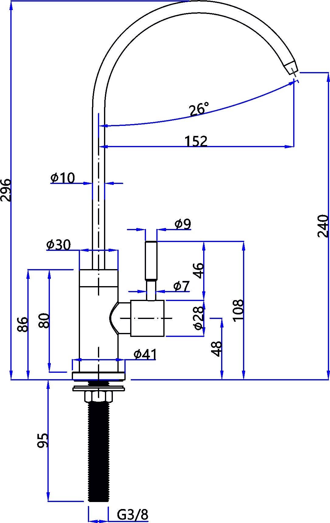 Technische Zeichnung des 1-Wege-Wasserhahns Genua Inox von Edelstahl mit detaillierten Maßen: Höhe 296 mm, Ausladung 152 mm, Durchmesser- und Längenangaben, sowie exakte Millimeter- und Grad-Angaben.