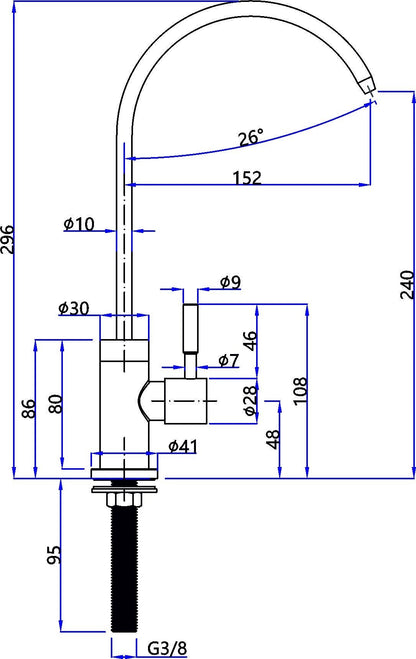 Technische Zeichnung des 1-Wege-Wasserhahns Genua Inox von Edelstahl mit detaillierten Maßen: Höhe 296 mm, Ausladung 152 mm, Durchmesser- und Längenangaben, sowie exakte Millimeter- und Grad-Angaben.