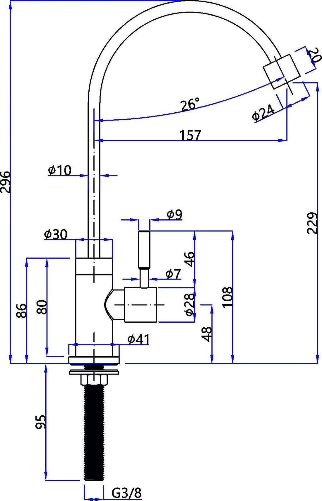 Technische Zeichnung der 1-Wege-Hahn Novara INOX Küchenarmatur aus Edelstahl mit Millimetermaßen, die die Höhe des Auslaufs, die Breite, die Winkel und die Durchmesser der Komponenten für gefiltertes Wasser angeben. Etiketten geben die Größe und Position der einzelnen Teile an.