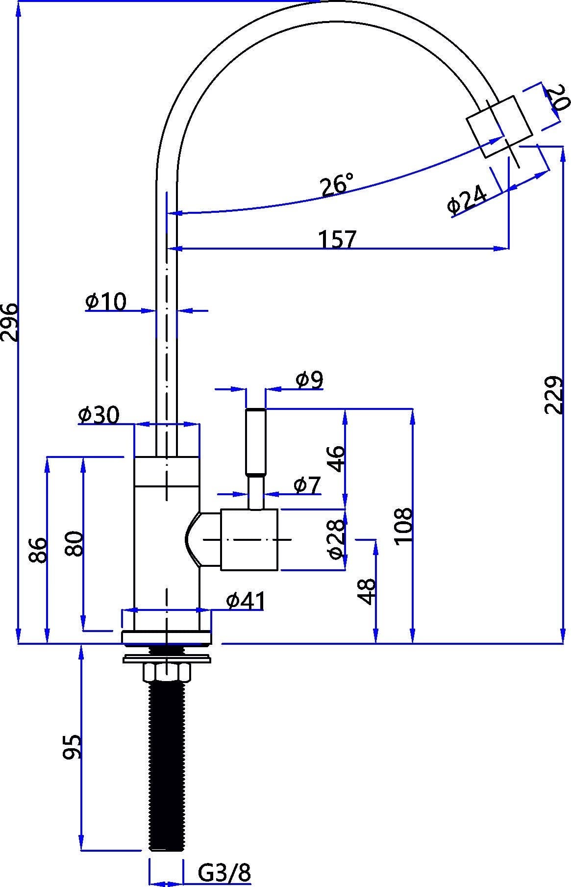 Technische Zeichnung der 1-Wege-Hahn Novara INOX Küchenarmatur aus Edelstahl mit Millimetermaßen, die die Höhe des Auslaufs, die Breite, die Winkel und die Durchmesser der Komponenten für gefiltertes Wasser angeben. Etiketten geben die Größe und Position der einzelnen Teile an.