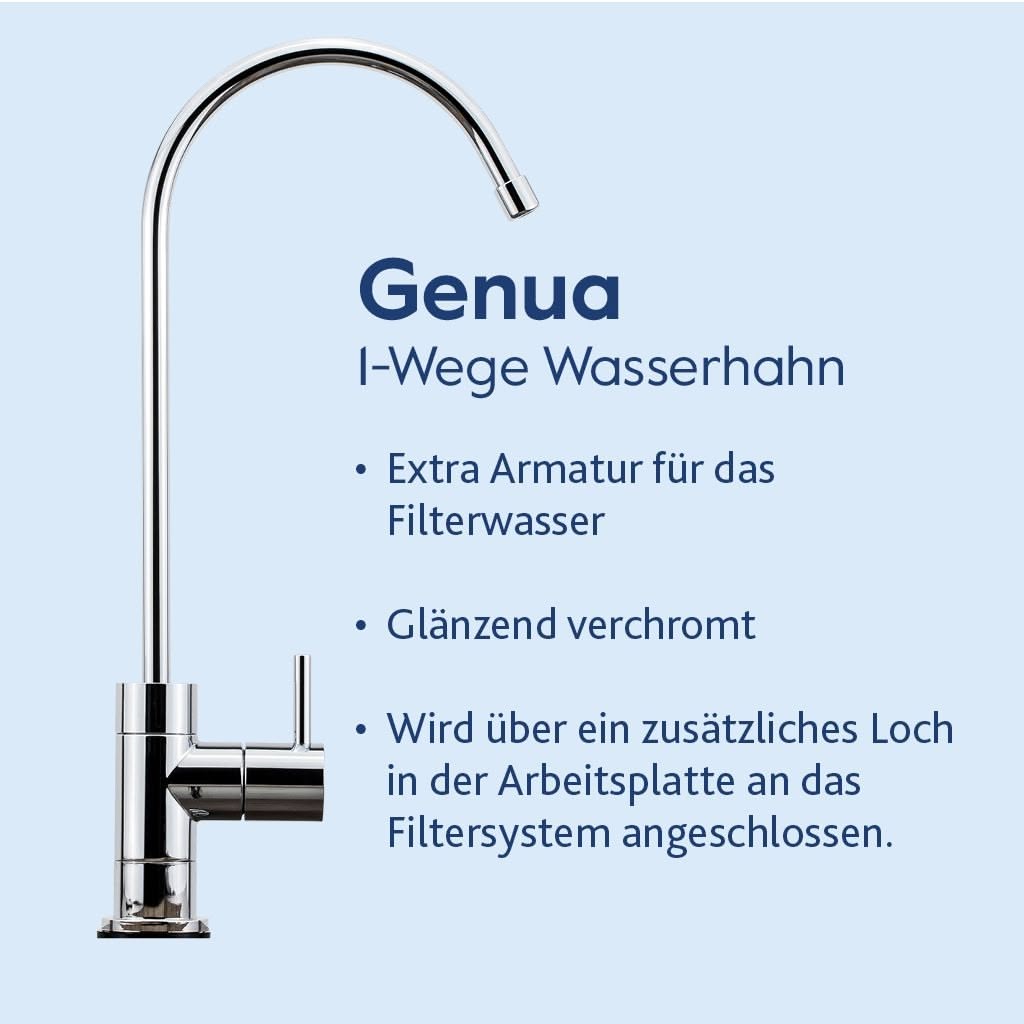 Ein verchromter Einhebelmischer Alvito Untertisch-Wasserfilter-Set Split Pure mit hohem, gebogenem Auslauf ist neben einem deutschen Text abgebildet, der ihn als zusätzlichen Filterwasserhahn für Arbeitsplatten mit Trinkwasserfiltersystemen beschreibt.
