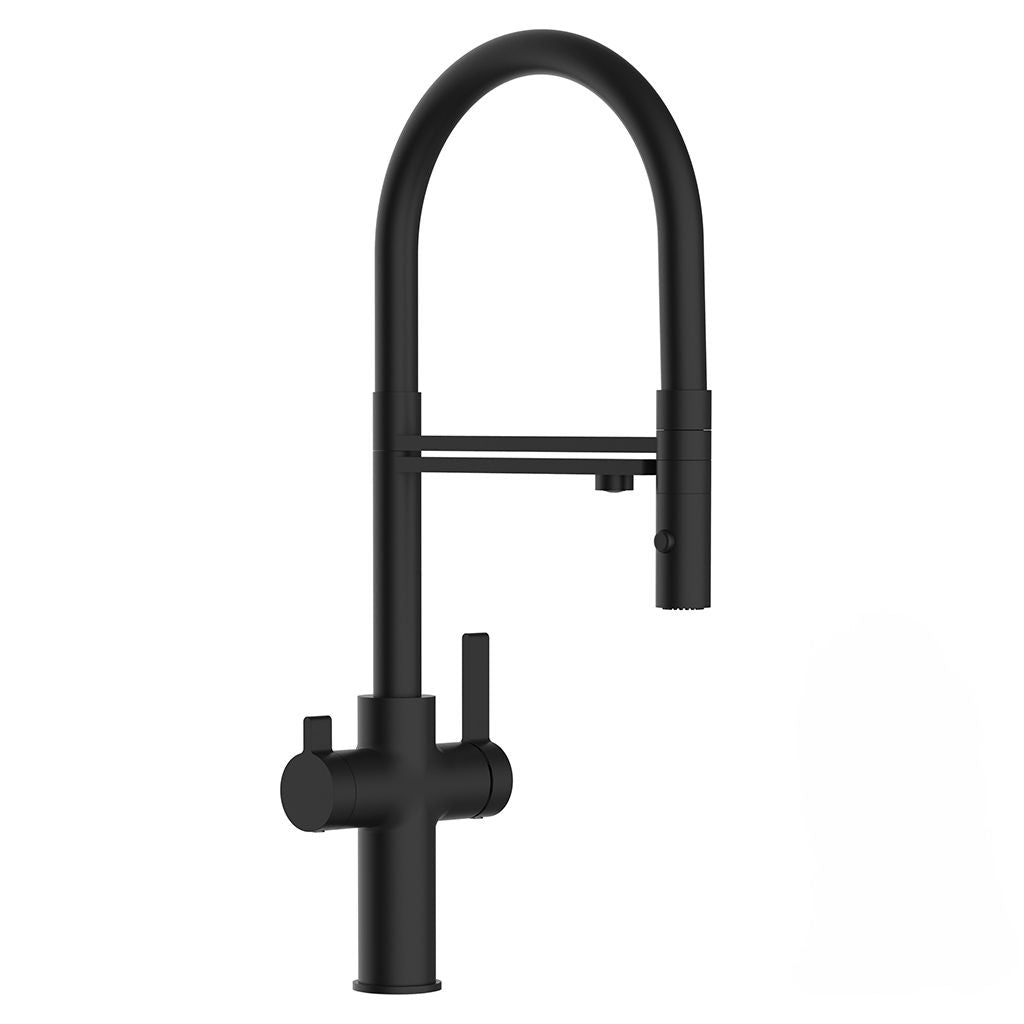 Die Levanto Neo Black 3-Wege-Wasserhahn ist eine moderne Küchenarmatur mit einem hohen, geschwungenen Auslauf und seitlichem Einhebelgriff, ideal für moderne Spülen.