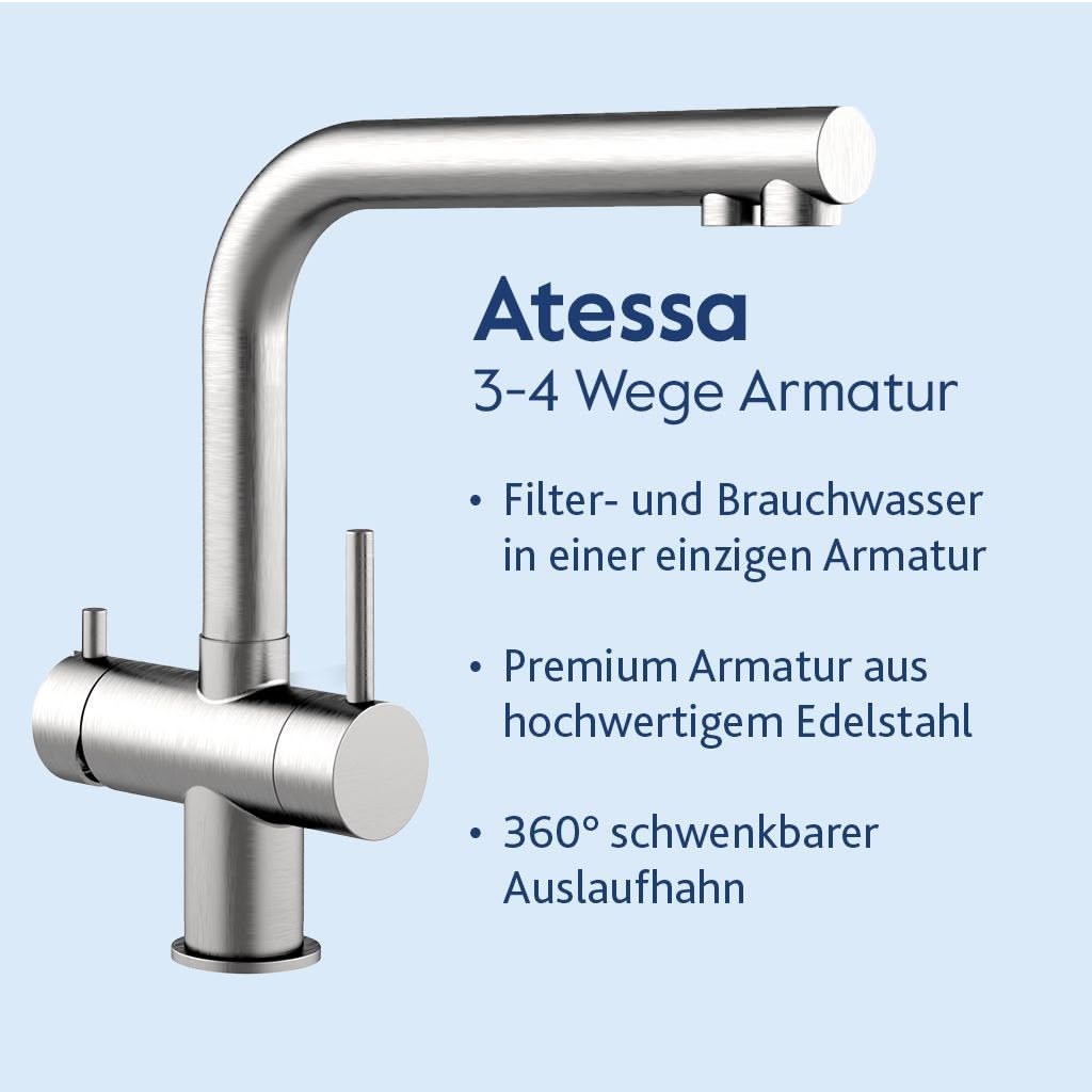 Die stilvolle Atessa 3-4 Wege Armatur ist eine hochwertige Edelstahl-Küchenarmatur mit Kalkschutz, 360° schwenkbarem Auslauf, Filter- und Brauchwassermodus und unterstützt das Alvito Untertisch-Wasserfilter-Set Integral Pro für zusätzlichen Komfort.