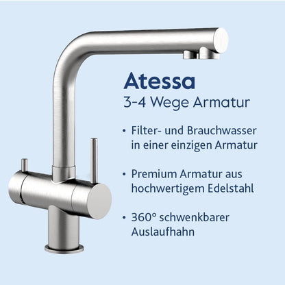 Die stilvolle Atessa 3-4 Wege Armatur ist eine hochwertige Edelstahl-Küchenarmatur mit Kalkschutz, 360° schwenkbarem Auslauf, Filter- und Brauchwassermodus und unterstützt das Alvito Untertisch-Wasserfilter-Set Integral Pro für zusätzlichen Komfort.