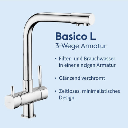Abgebildet ist eine verchromte 3-Wege-Küchenarmatur, Basico L, neben einem deutschen Text, der die Eigenschaften hervorhebt: Filter und Leitungswasser in einem - Chrom glänzend, zeitloses Design - kompatibel mit dem Alvito Untertisch-Wasserfilter-Set Integral Pure.