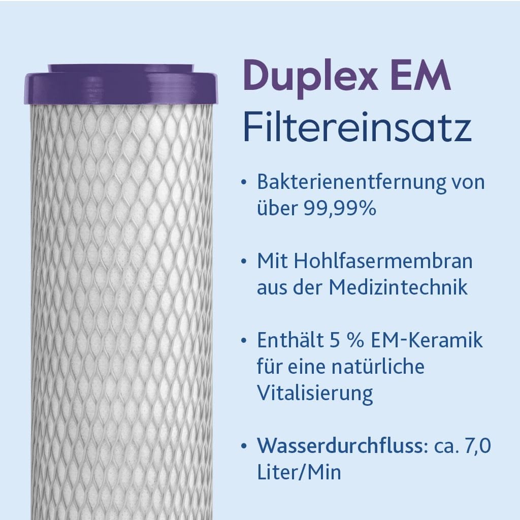 Eine zylindrische Alvito ABF Duplex EM Hochleistungsfilterpatrone mit einer violetten Kappe ist neben einem deutschen Text abgebildet, der über 99,99% Bakterienentfernung, medizinische Hohlfasermembran, EM-Keramik und eine Durchflussrate von 7 L/min informiert.