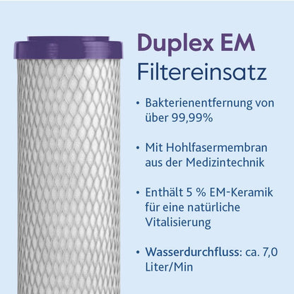 Eine zylindrische Alvito ABF Duplex EM Hochleistungsfilterpatrone mit einer violetten Kappe ist neben einem deutschen Text abgebildet, der über 99,99% Bakterienentfernung, medizinische Hohlfasermembran, EM-Keramik und eine Durchflussrate von 7 L/min informiert.