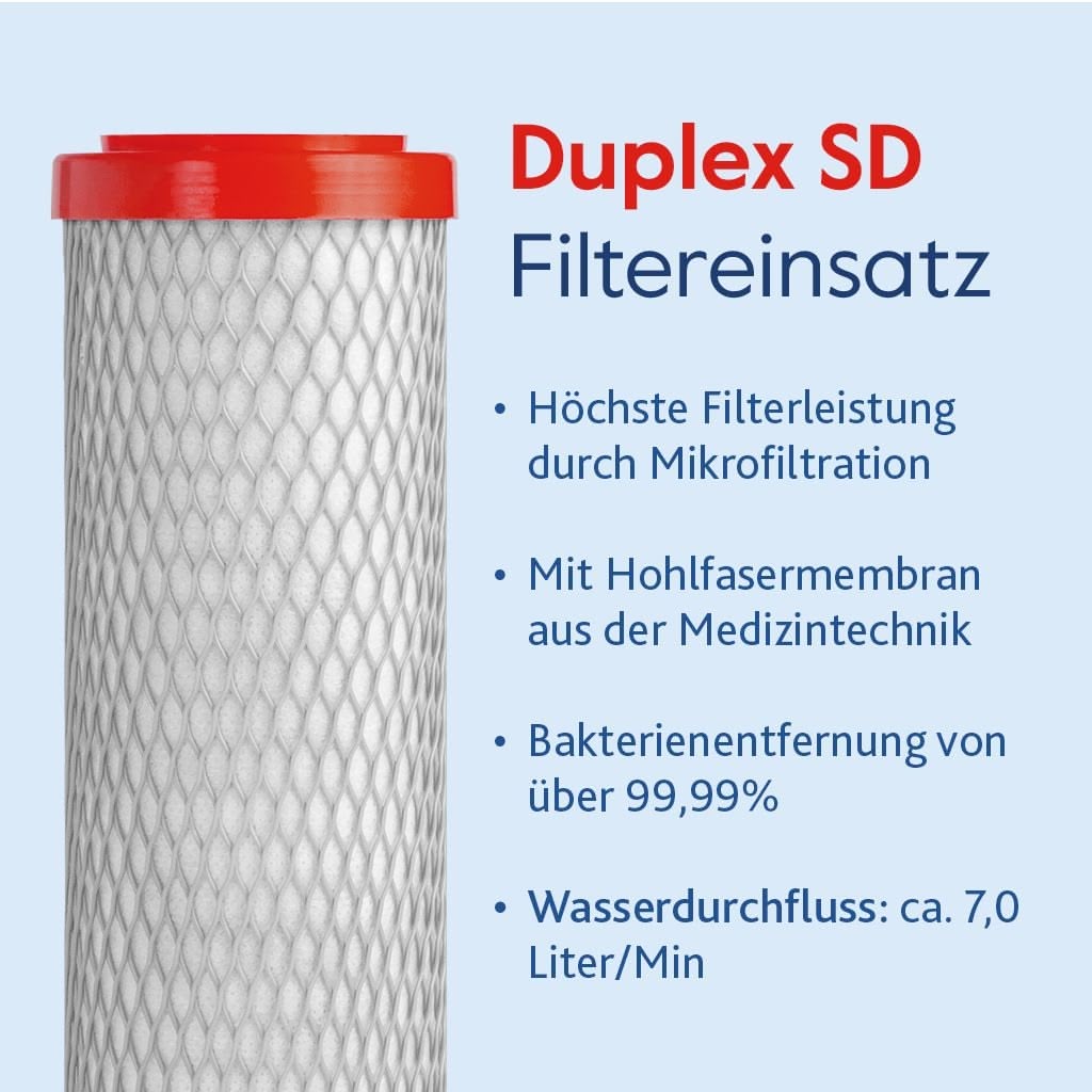 Eine zylindrische Alvito ABF Duplex SD-Wasserfilterpatrone mit rotem Deckel ist neben einem deutschen Text abgebildet, der den schnellen Wasserdurchfluss, mikrobiologisch reines Wasser, Mikrofiltration und über 99,99 % Bakterienentfernung hervorhebt.