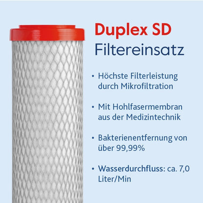 Eine zylindrische Alvito ABF Duplex SD-Wasserfilterpatrone mit rotem Deckel ist neben einem deutschen Text abgebildet, der den schnellen Wasserdurchfluss, mikrobiologisch reines Wasser, Mikrofiltration und über 99,99 % Bakterienentfernung hervorhebt.