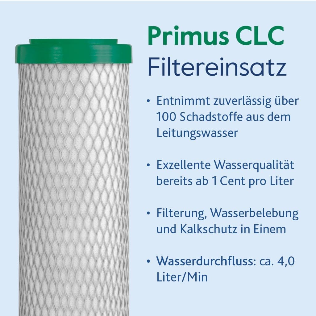 Der Alvito ABF Primus CLC, ein zylindrischer Wasserfilter mit grünem Deckel, wird neben deutschen Texten zu Kalkschutz, zuverlässiger Entfernung von über 100 Schadstoffen, Aktivkohle-Filtertechnik, bester Wasserqualität und einer Durchflussmenge von 4,0 l/min vorgestellt.