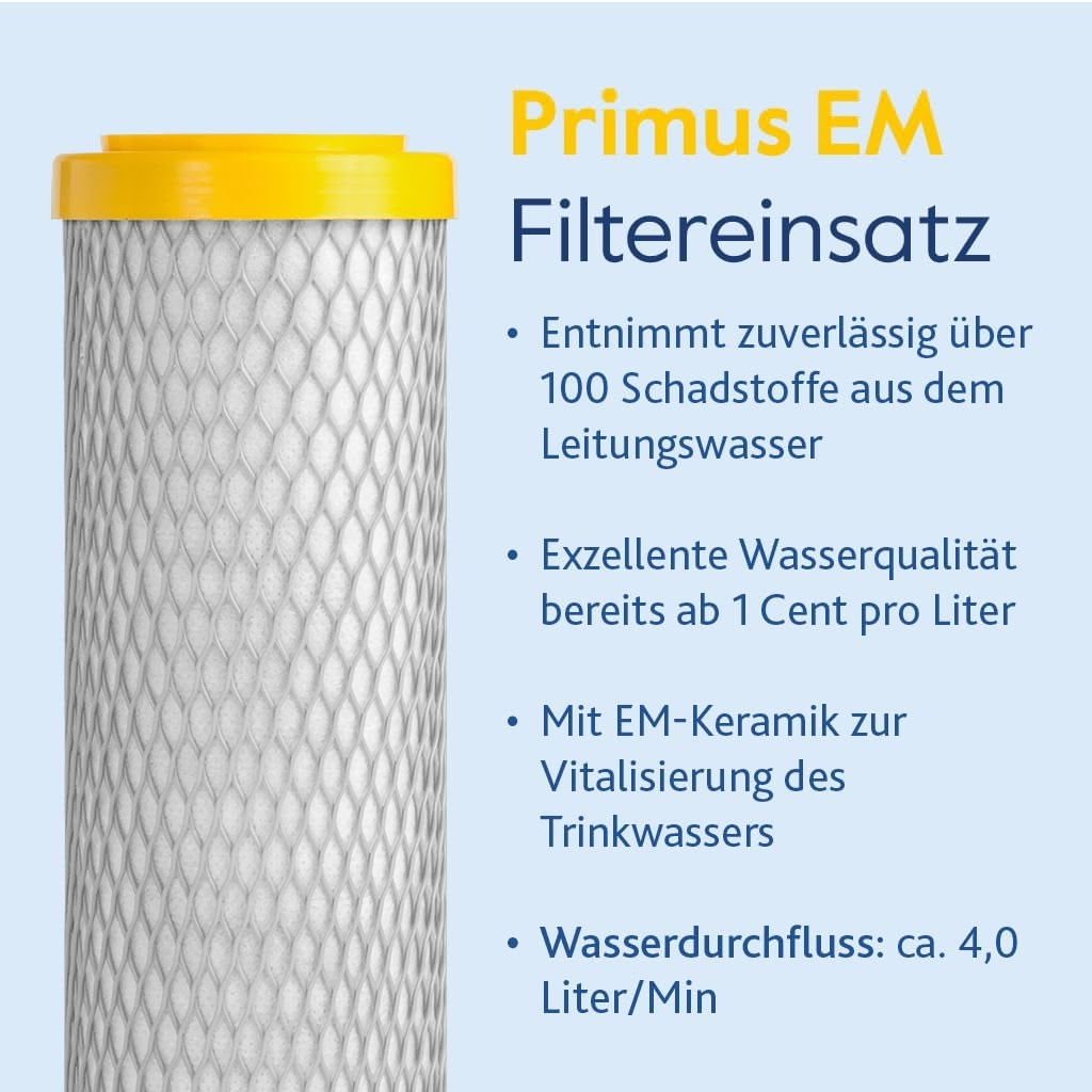 Links ist der zylindrische Alvito ABF Primus EM Wasserfilter mit gelbem Deckel zu sehen. Rechts betont deutscher Text, dass der Aktivkohle-Filter über 100 Schadstoffe entfernt, die Wasserqualität verbessert und ca. 4 Liter/Minute filtert.