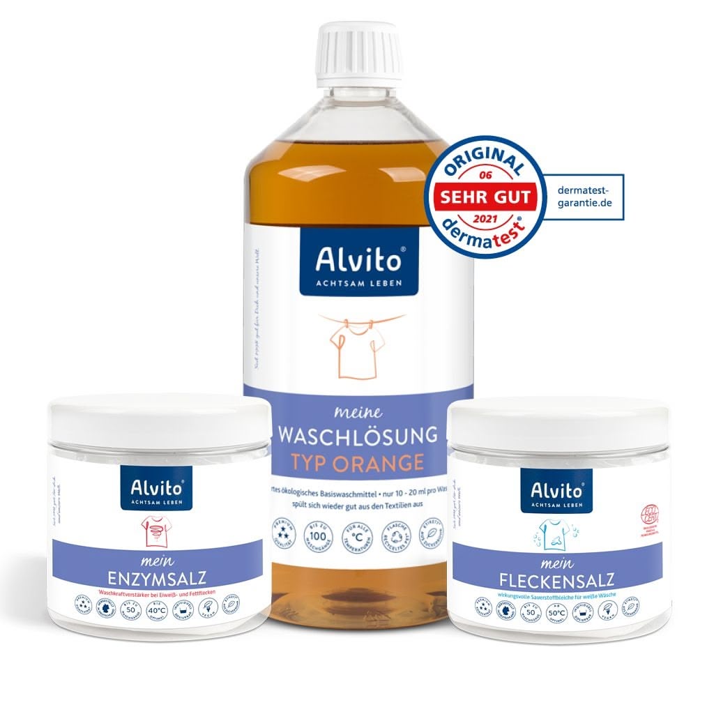 Das Alvito Waschsystem Start-Set - Ökologischer Waschmittel-Baukasten enthält eine große Flasche Waschlösung Typ Orange sowie Enzymsalz und Fleckensalz Wannen, ideal für empfindliche Haut und mit Sehr Gut bewertet.