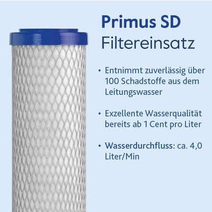 Das Alvito Untertisch-Wasserfilter-Set Integral Pro mit blauer Kappe ist neben dem deutschen Text abgebildet: Primus SD-Filter, Kalkschutz, entfernt 100+ Schadstoffe, Wasserbelebung, Top-Qualität ab 1 Cent/Liter, und 4,0 l/min Durchflussmenge.