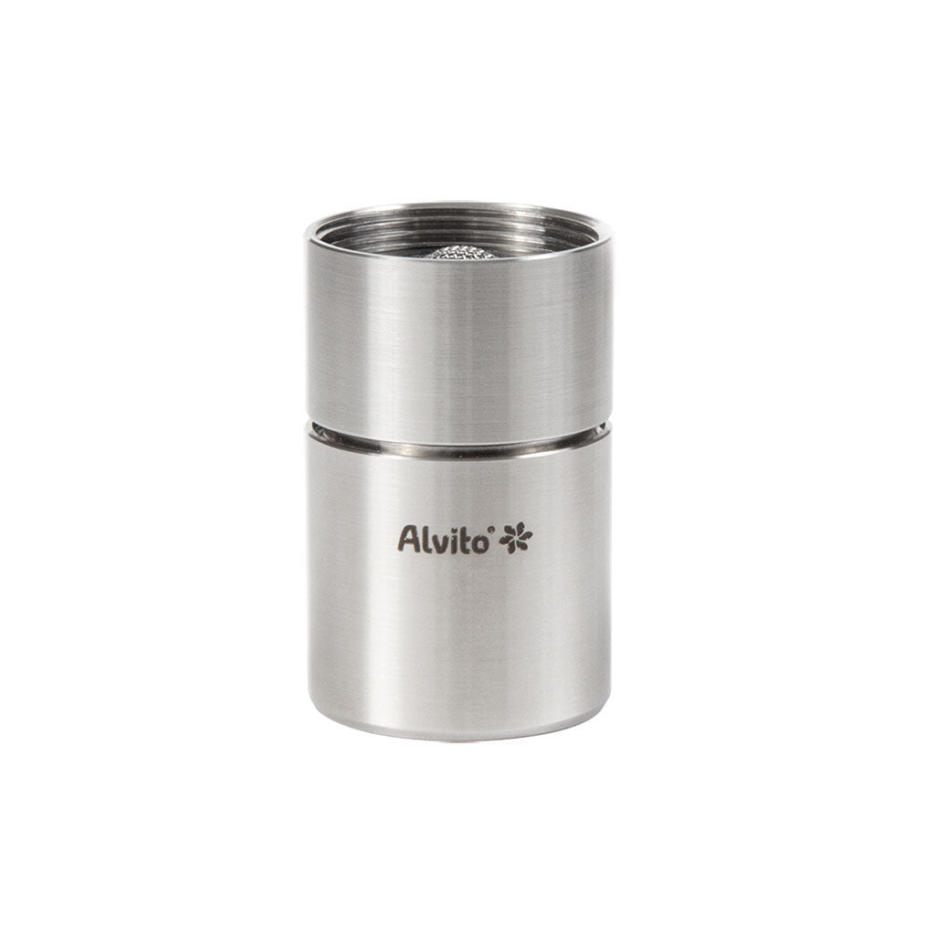 Der Alvito Wasserwirbler VIVA (2.8) von Alvito, aufrecht stehend mit blumenartigem Logo auf Edelstahl und weißem Hintergrund, ist ideal zur Belebung von Leitungswasser.