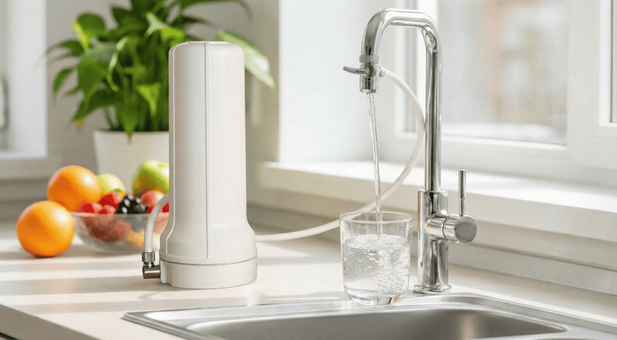 Ein Wasserfilter ist an einen Küchenwasserhahn angeschlossen, und das Wasser fließt in ein klares Glas. Frisches Obst und eine Grünpflanze stehen auf dem Tresen in der Nähe des Fensters und schaffen eine helle, saubere Küchenszene.