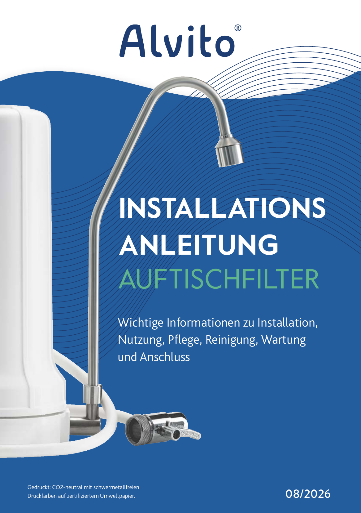 Titelblatt einer Installationsanleitung für einen Alvito-Tischwasserfilter, mit einer Abbildung des Filters und des Wasserhahns, mit blauen und weißen Designelementen und deutschem Text.