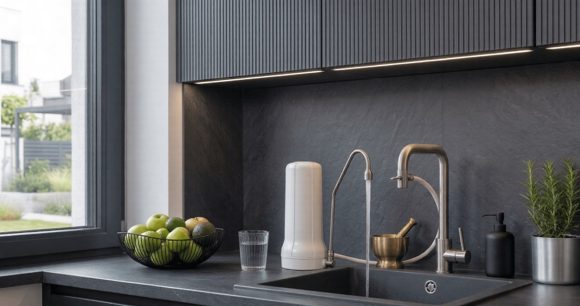 Ein Wasserfilter ist an einen Küchenwasserhahn angeschlossen, und das Wasser fließt in die Spüle. Frisches Obst und ein Rosmarin stehen auf der Arbeitsplatte. Die dunklen Schiefertöne erzeugen ein modernes Küchenambiente.