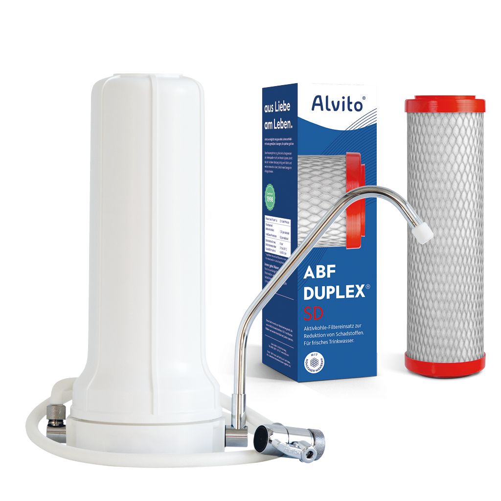 Alvito Auftischfilter Set Pure mit ABF Duplex SD Filterpatrone und Hohlfasermembran in der Verpackung