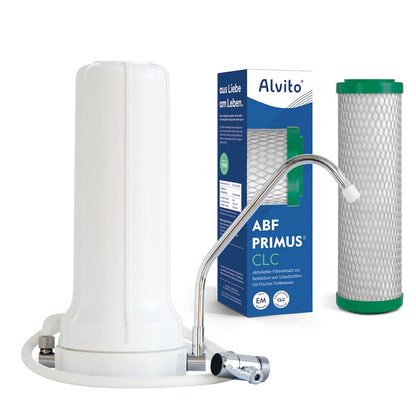 Alvito Auftischfilter Set Pure mit ABF Primus CLC Filterpatrone und Kalkschutz-Granulat in der Verpackung