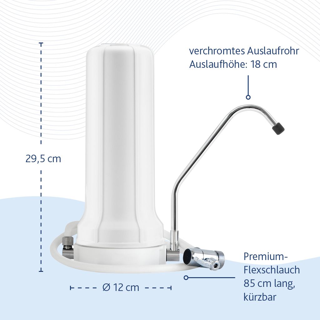 Maßzeichnung des Alvito Auftischfilter Set Pure mit Höhe 29,5 cm, Durchmesser 12 cm und Auslaufhöhe 18 cm