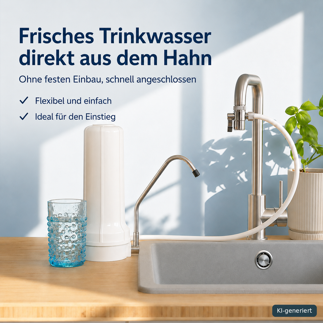 Alvito Auftischfilter Set Pure auf einer Küchenarbeitsplatte neben Trinkglas und Wasserhahn