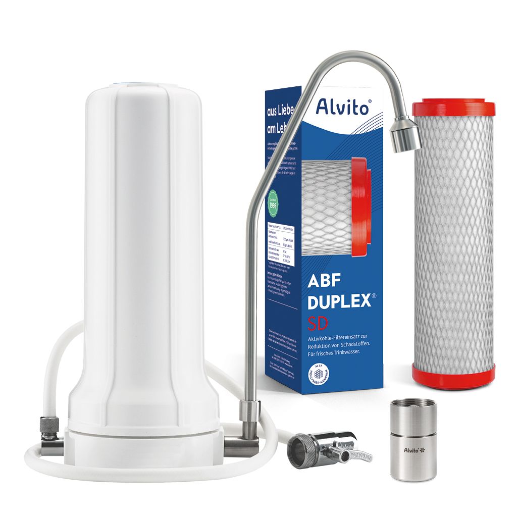 Alvito Auftischfilter Vital mit ABF Duplex SD Filterpatrone und Hohlfasermembran in der Verpackung