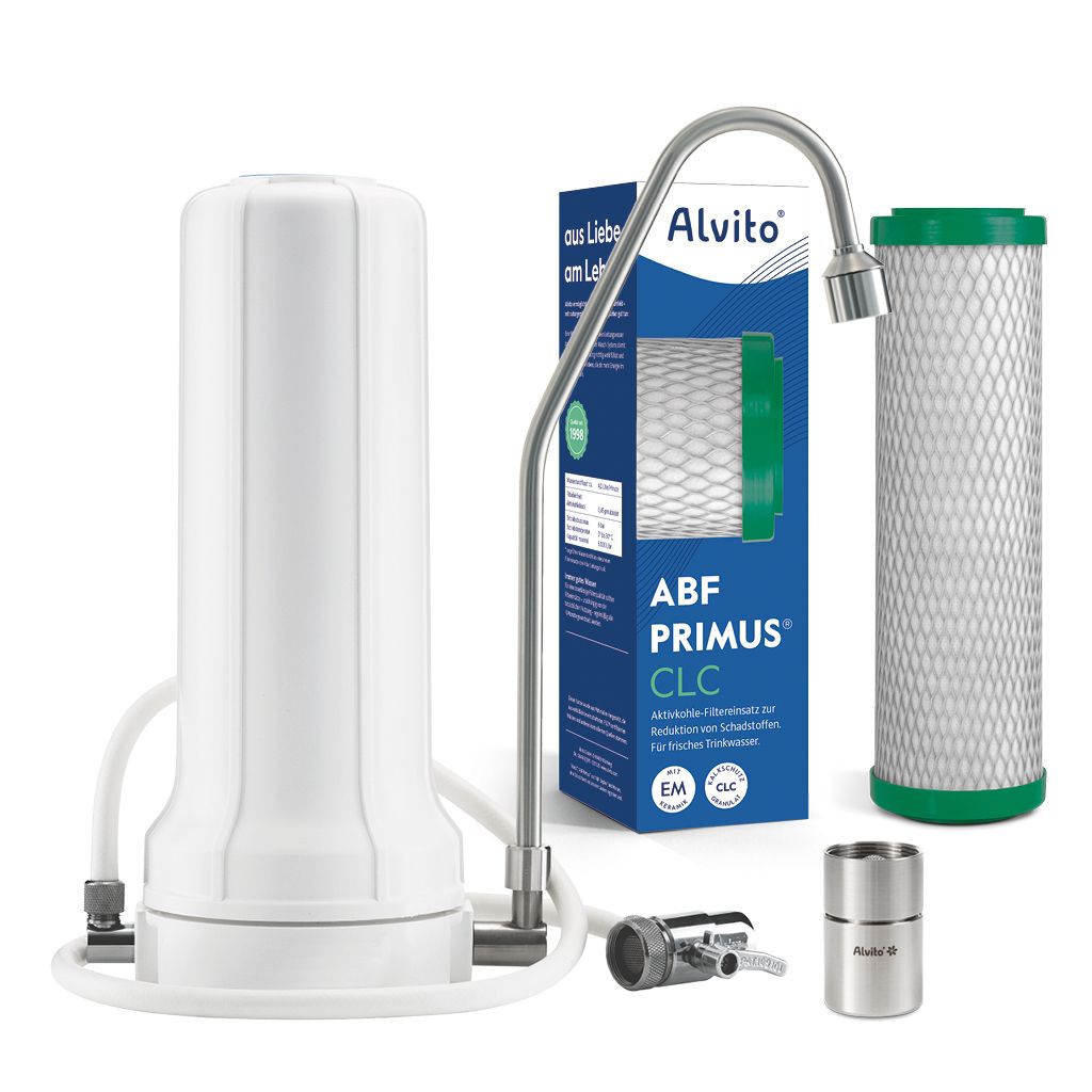 Alvito Auftischfilter Vital mit ABF Primus CLC Filterpatrone und Kalkschutz-Granulat in der Verpackung